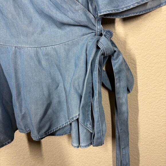 Loft Size XS Wrap Chambray Top Blouse Blue Belted V Neck Flared Sleeves - Picture 4 of 10